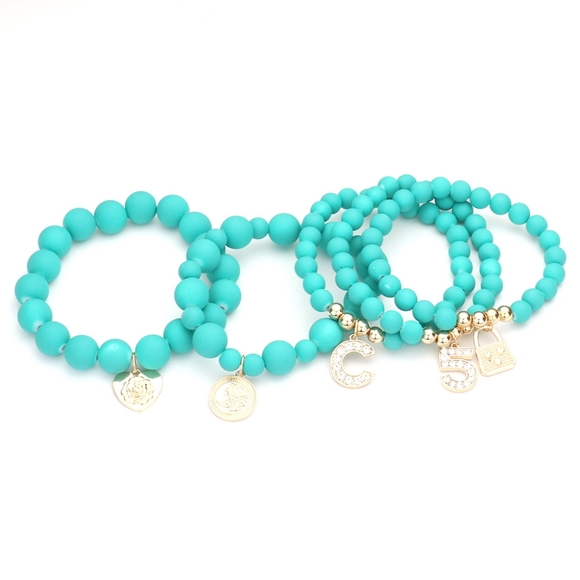 Green & Crystal Gold Lock Beaded Stretch Bracelet Cute Fashion Statement Jewelry - Picture 2 of 3